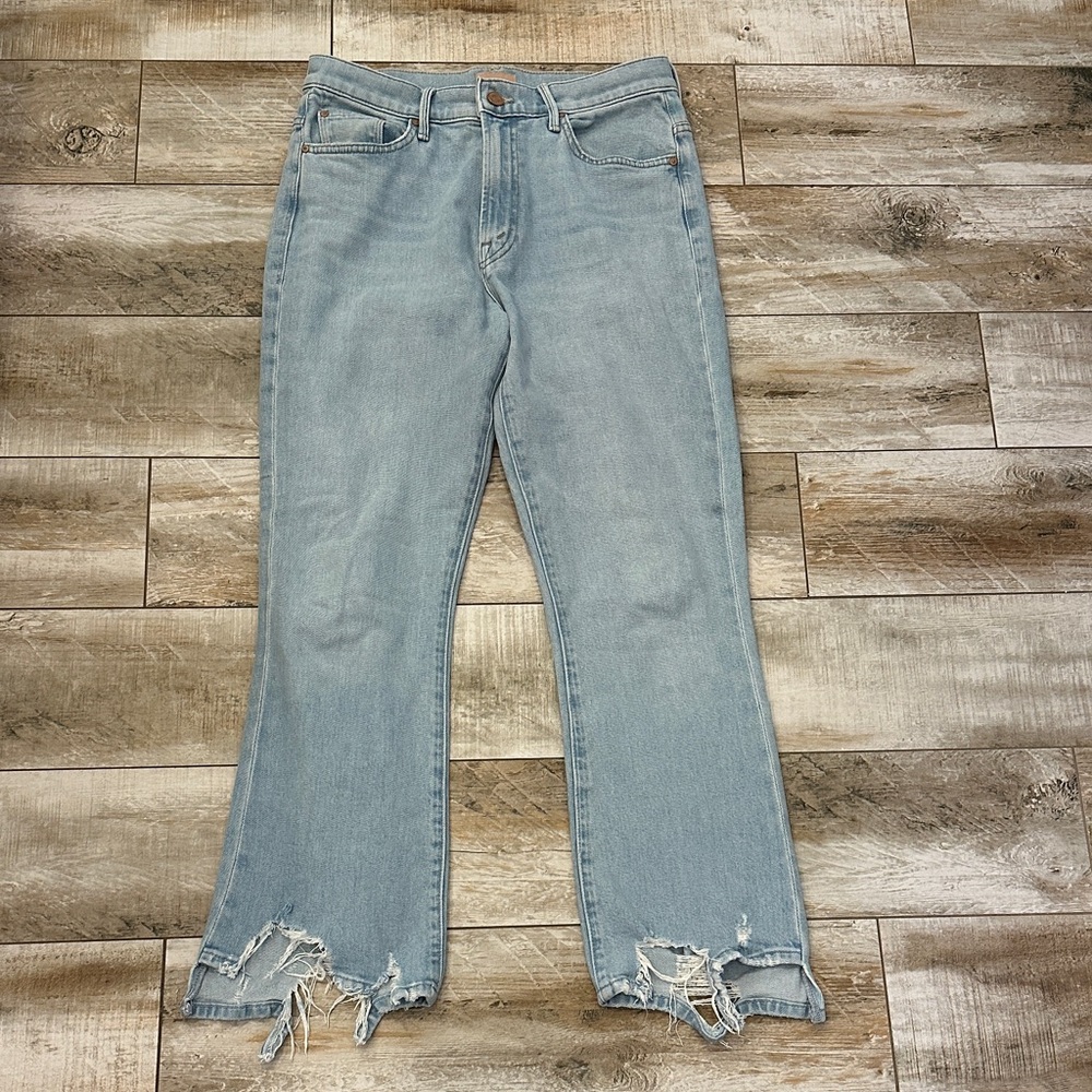 MOTHER Light Blue Distressed Flare Jeans